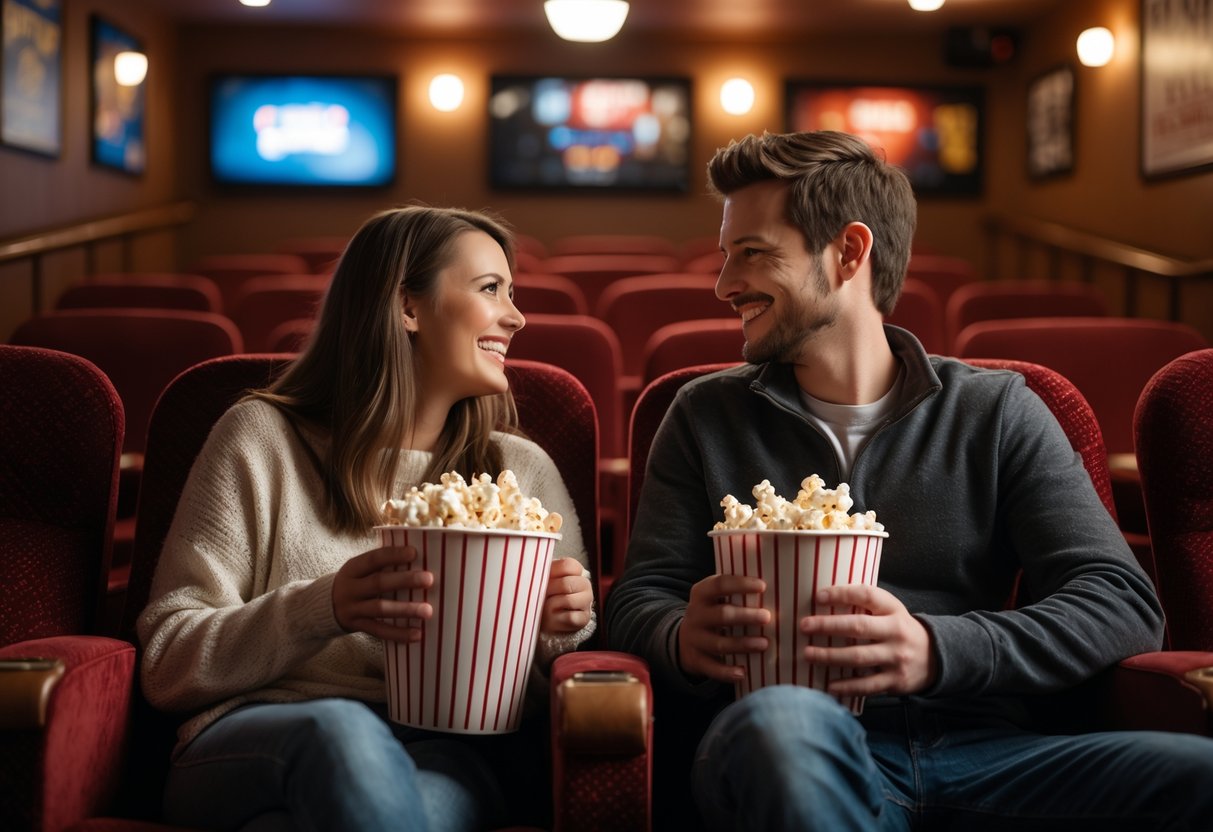 A young couple sitting together in a cozy local movie theater, sharing popcorn and enjoying a movie.