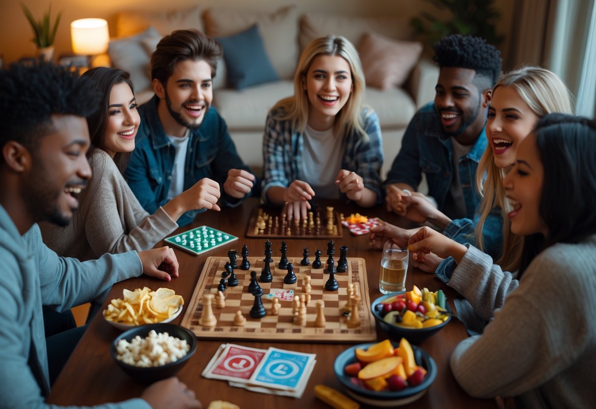 A group of friends playing board games around a table with snacks in a cozy living room.