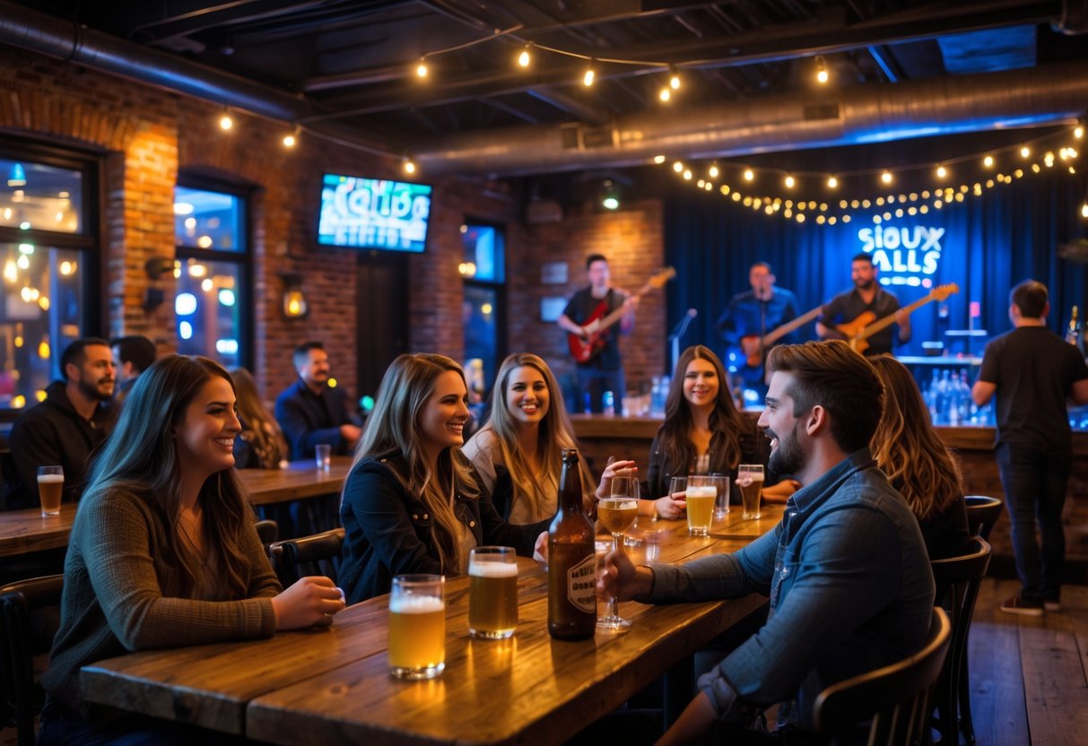 People enjoying live music at a downtown bar with a band performing on stage and couples sitting at tables.