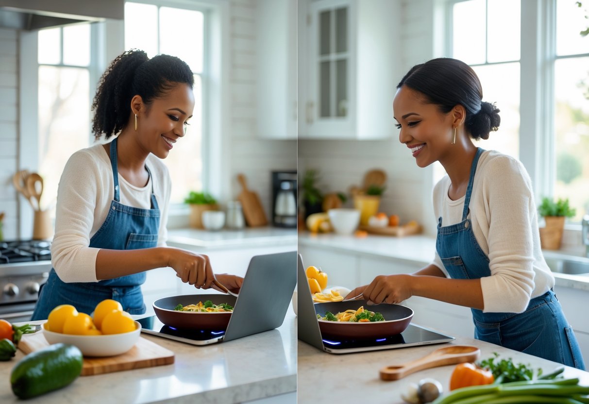 A couple cooking meals together in separate kitchens while video calling on a laptop.