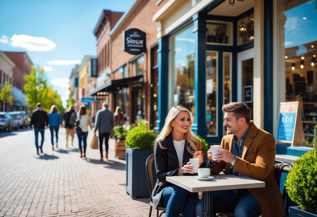 A young couple enjoying coffee at an outdoor café in a busy downtown street with shops and people walking nearby.