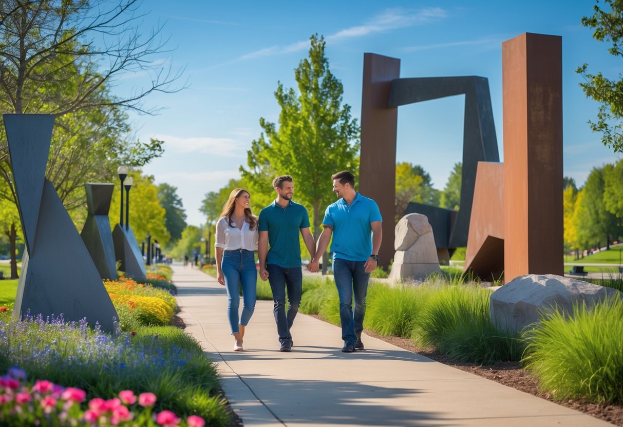 A young couple walking hand-in-hand along a paved path surrounded by outdoor sculptures and greenery in a park.