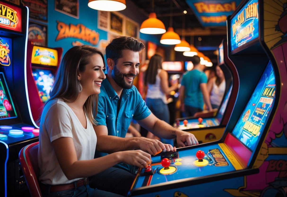 A couple playing arcade games together in a lively retro arcade filled with colorful game machines and neon lights.