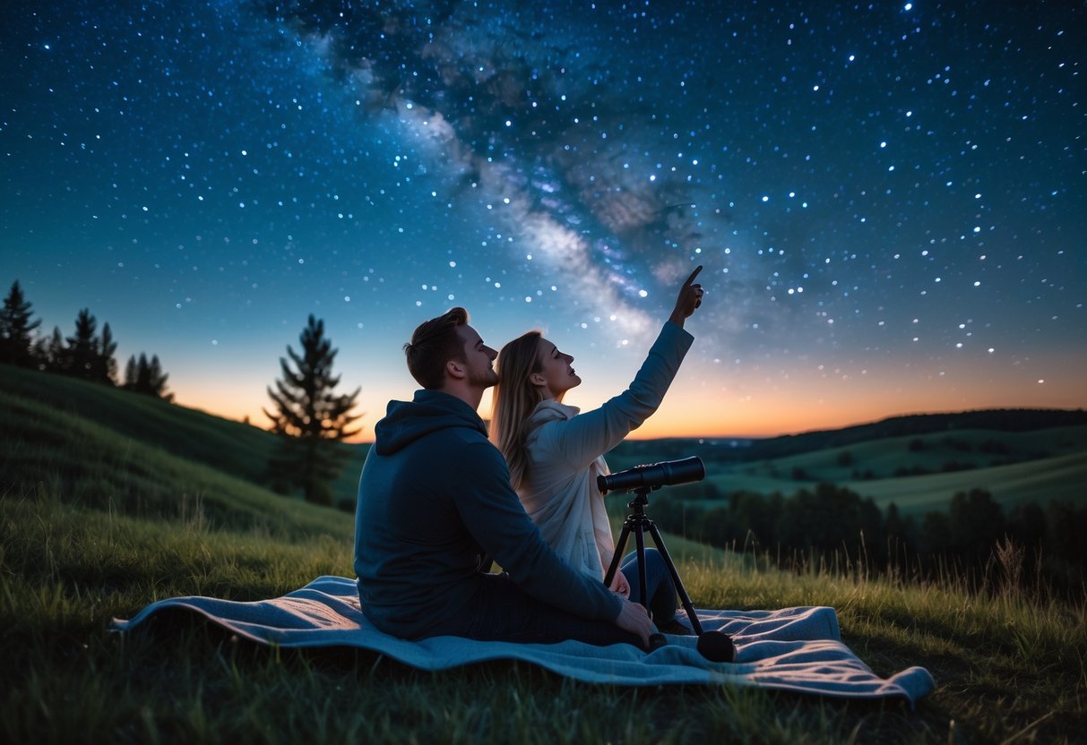 A couple sitting on a blanket outdoors at night, looking up at a star-filled sky with a telescope nearby.