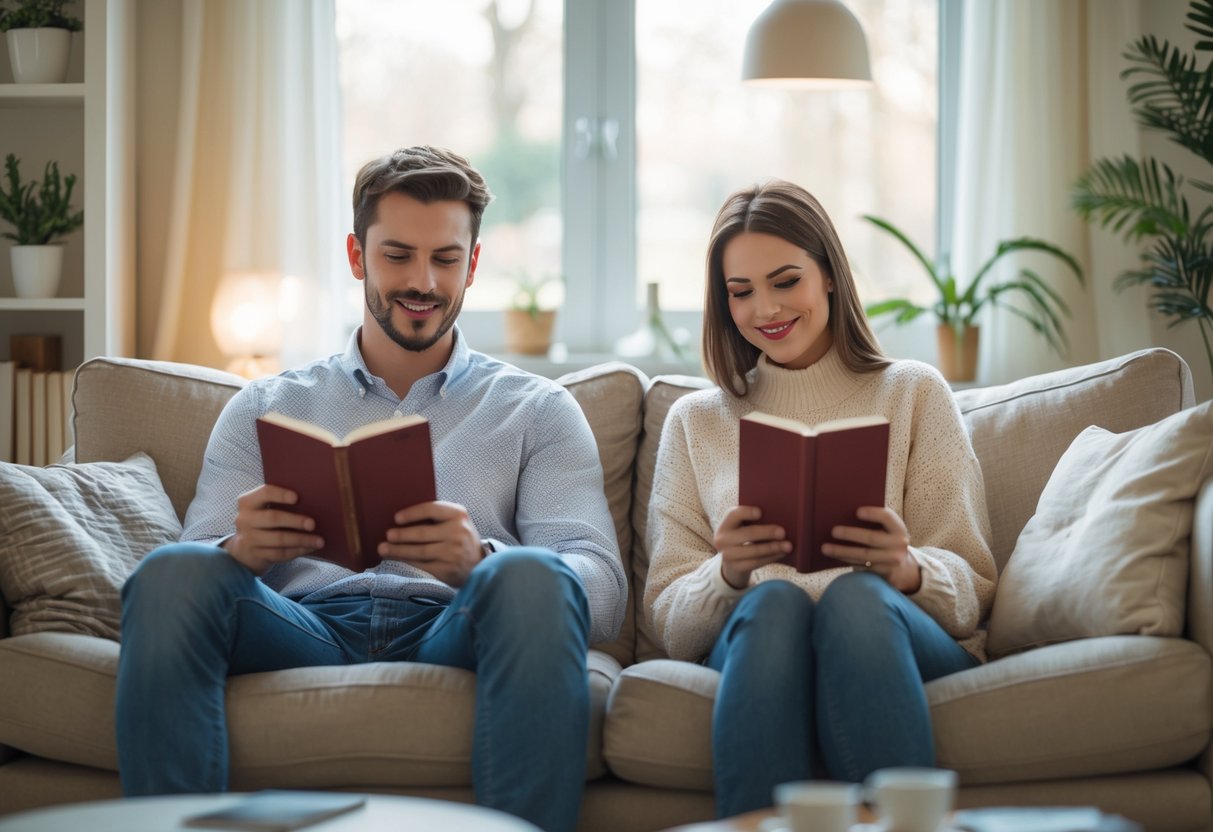 A young couple sitting apart in a living room, each reading the same book and smiling.