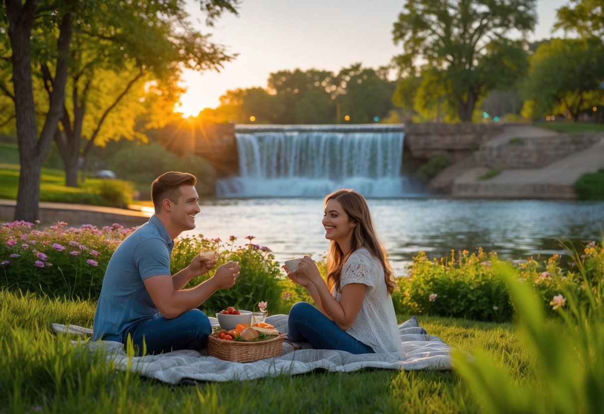 A young couple having a picnic near a waterfall in a green park during sunset.