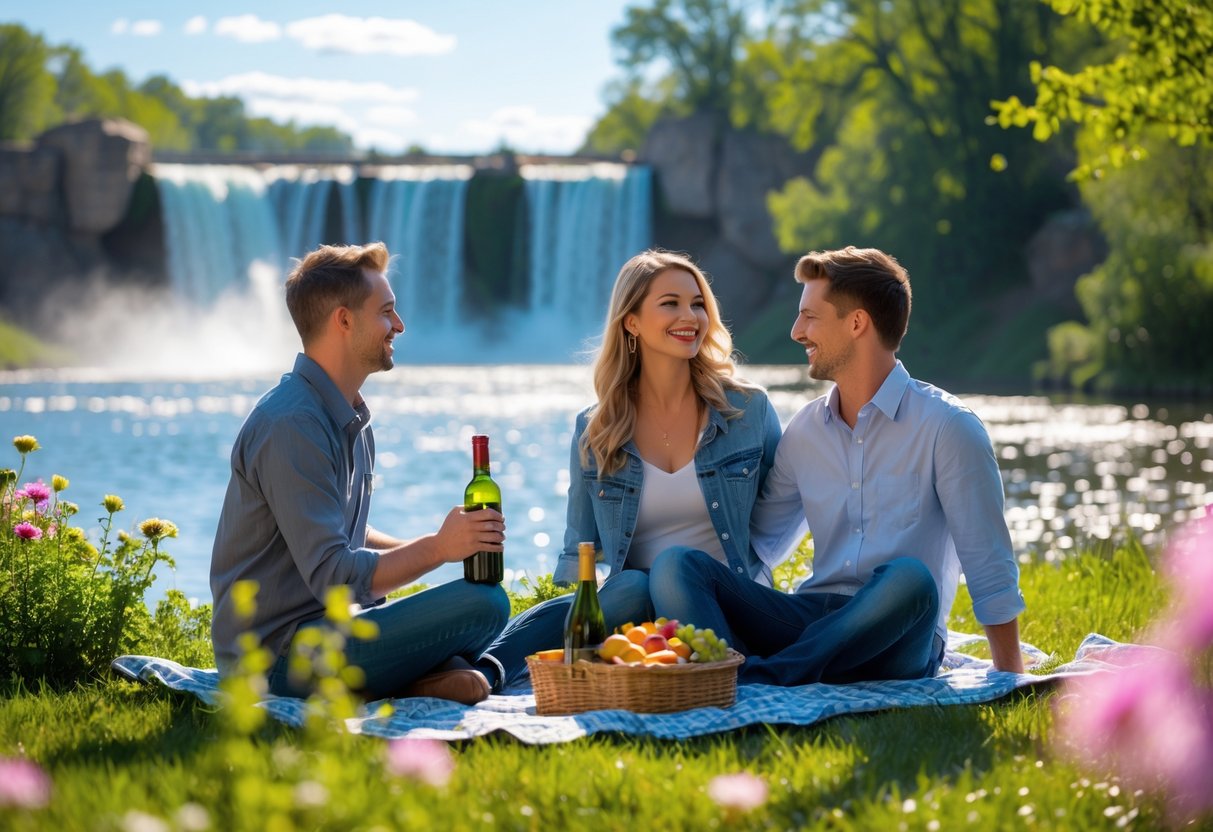 A young couple having a picnic near waterfalls surrounded by greenery on a sunny day.