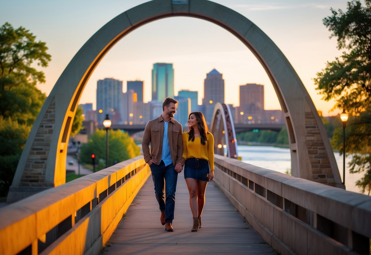 A couple walking hand-in-hand on a bridge with the Minneapolis skyline and river in the background during sunset.
