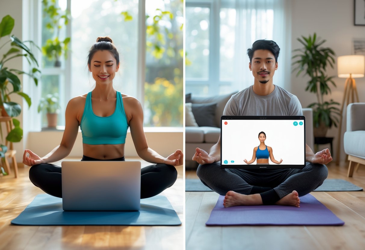 Two people doing a virtual yoga class together from separate homes, each following the same pose on their screens.