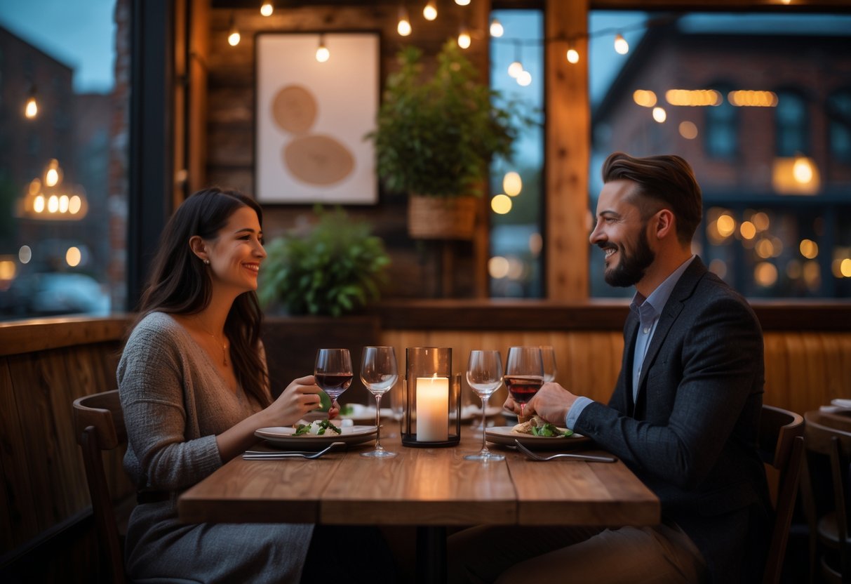 A couple enjoying a romantic dinner at a cozy restaurant with warm lighting and rustic decor.