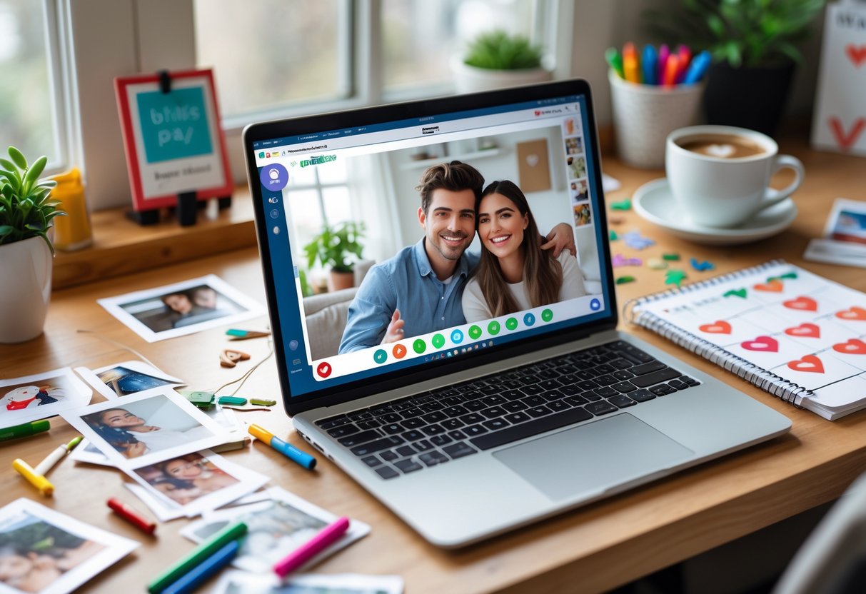 A cozy workspace with a laptop showing a smiling couple on a video call, surrounded by photos and craft materials.
