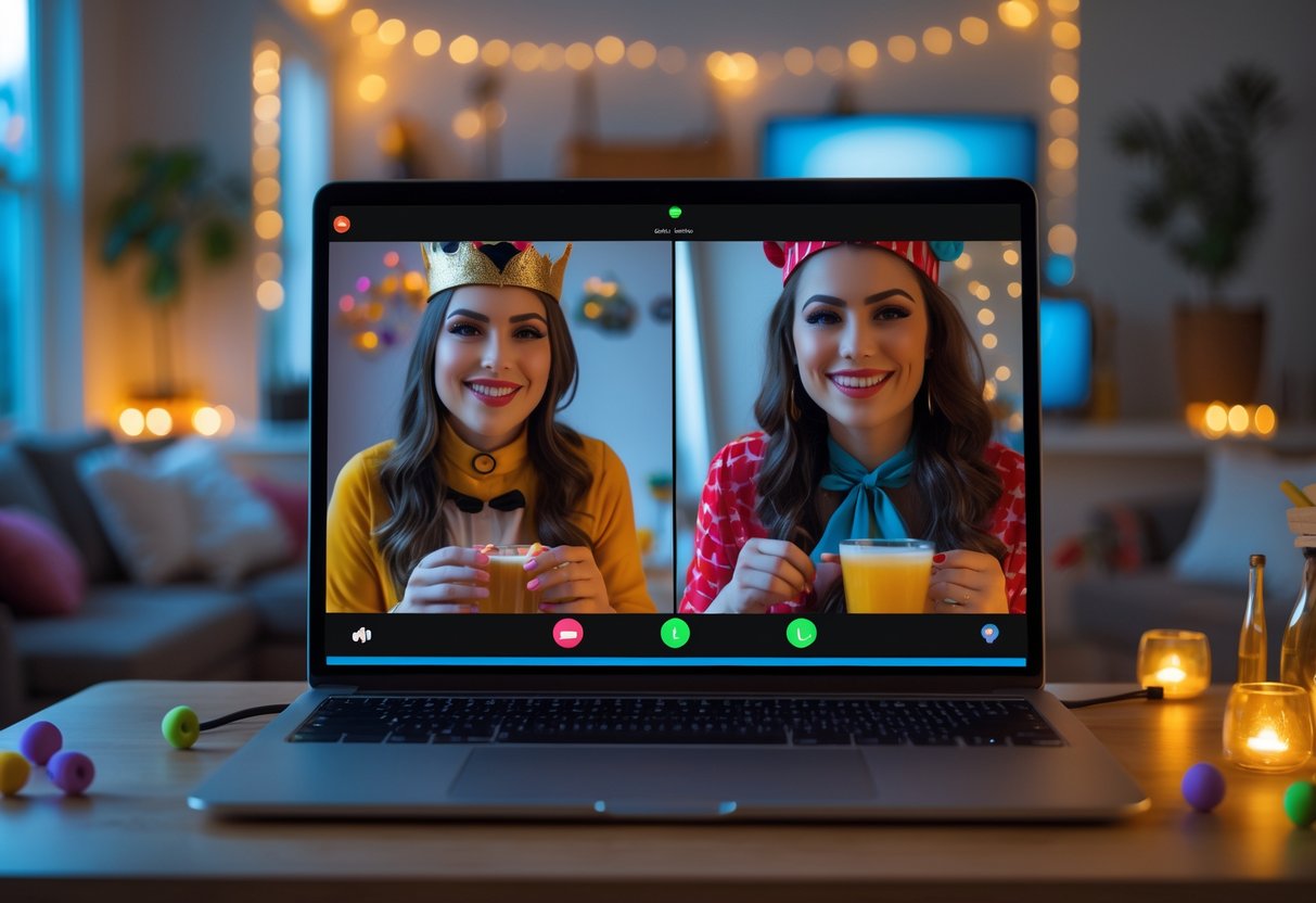 Two people dressed in themed costumes smiling at each other during a video call on a laptop, each in their own cozy room.