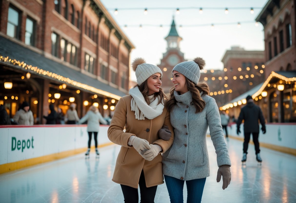 A couple ice skating hand in hand at an outdoor rink with brick buildings and festive lights in the background.