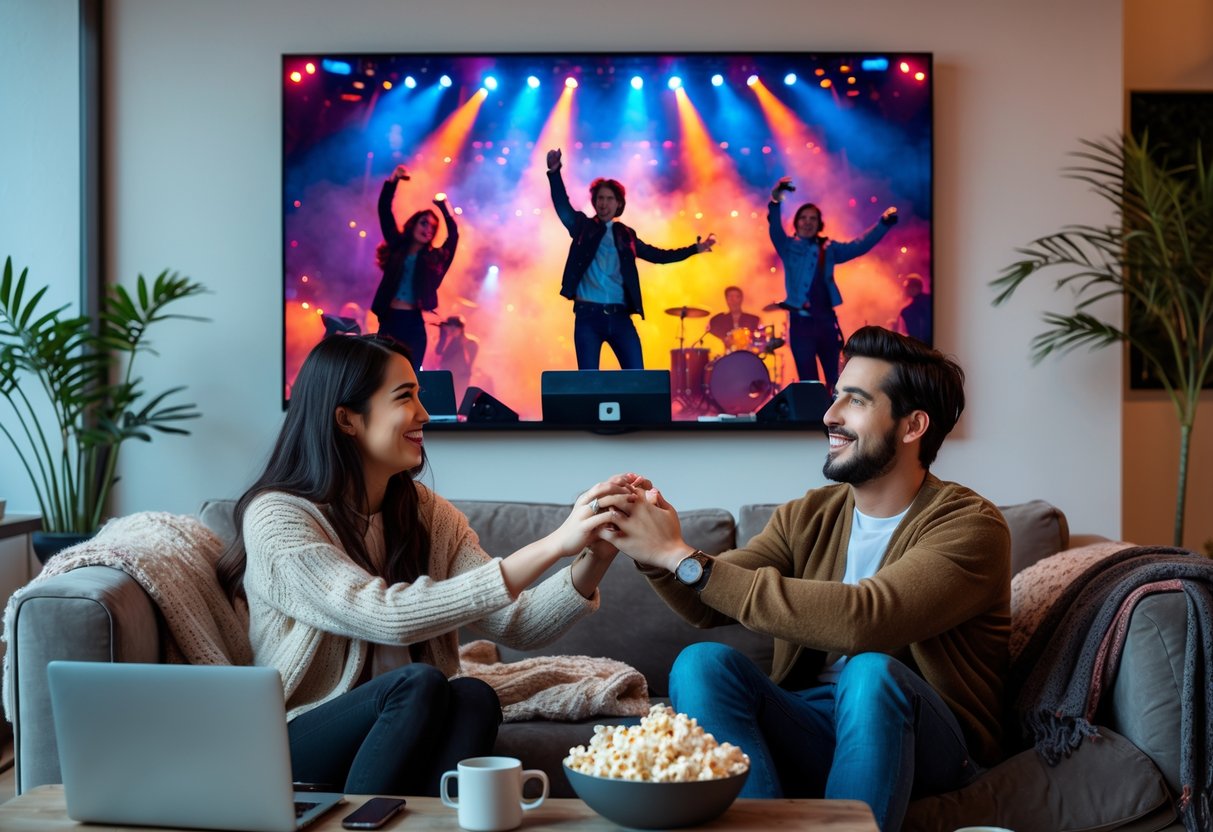 A couple sitting on a sofa watching a live concert on a large TV screen, holding hands and smiling.