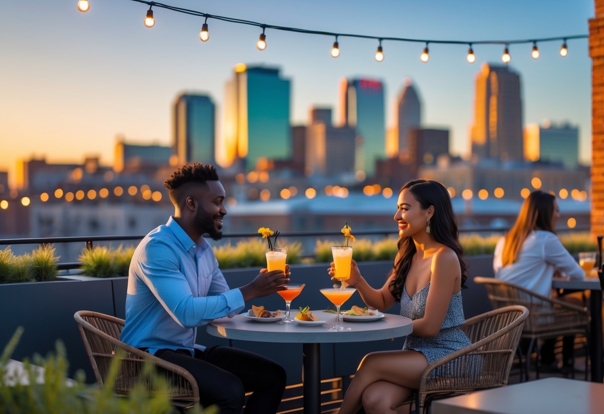 A couple enjoying drinks together at a rooftop bar with a city skyline in the background.