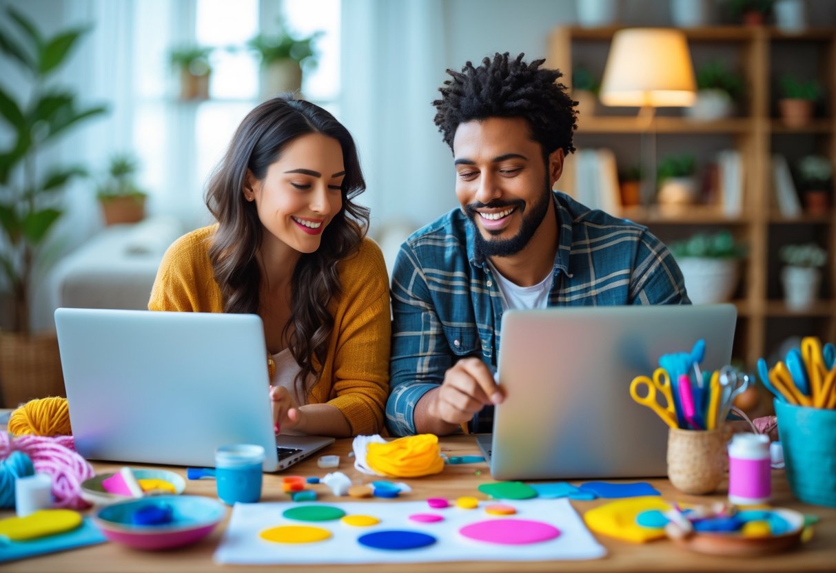 Two people in separate cozy rooms smiling and creating art together over a video call on their laptops.