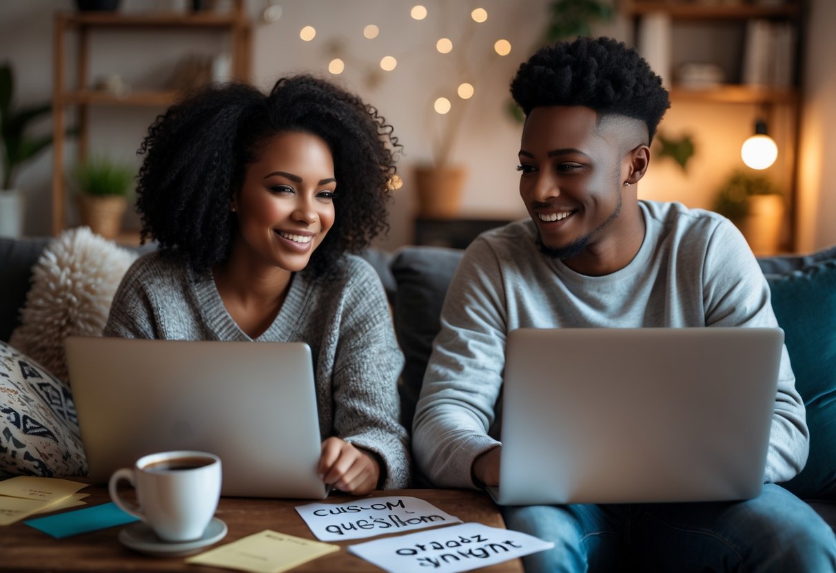 A young couple having a virtual quiz night on their laptops from separate cozy rooms, smiling and engaged in conversation.