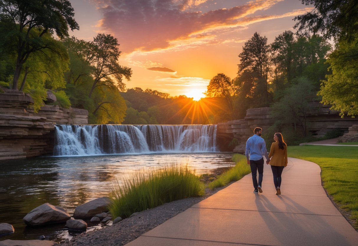 A couple walking hand-in-hand near a waterfall surrounded by trees during sunset.