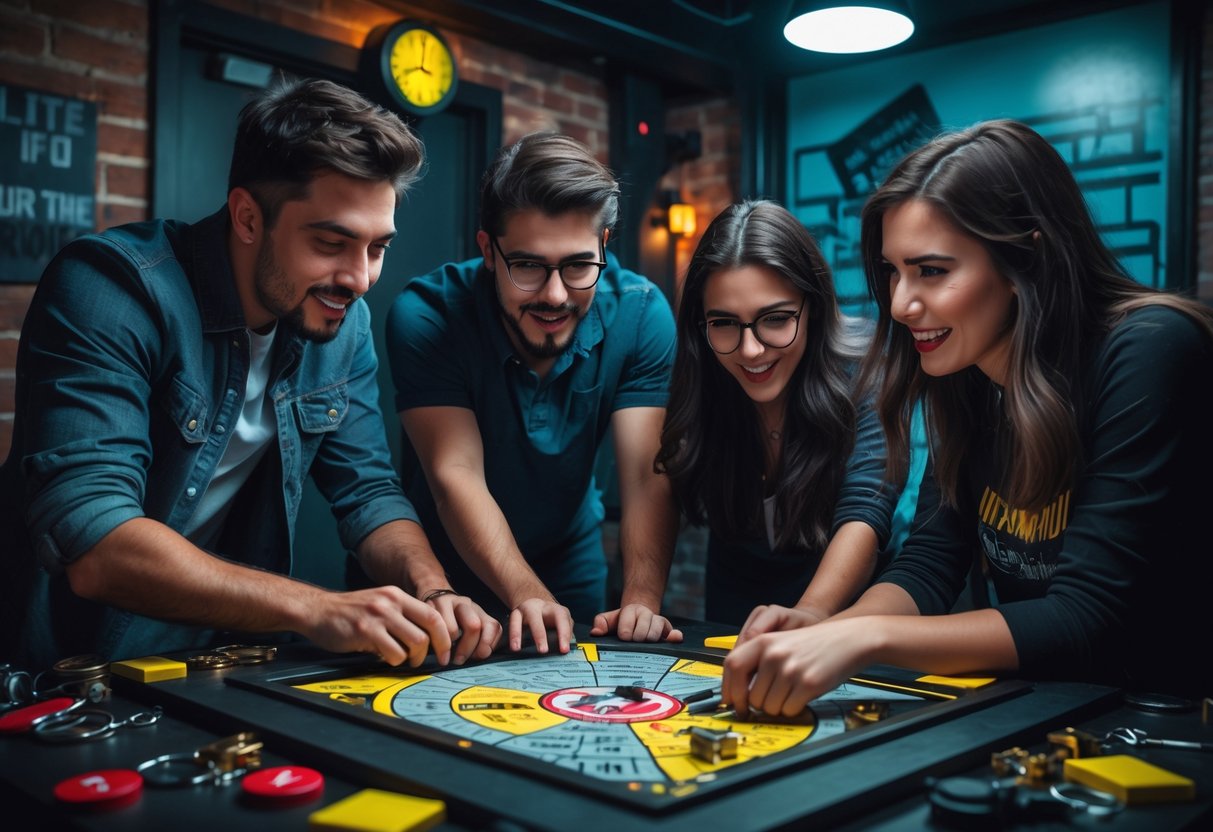 Four young adults working together on puzzles inside an escape room with thematic decor and dim lighting.