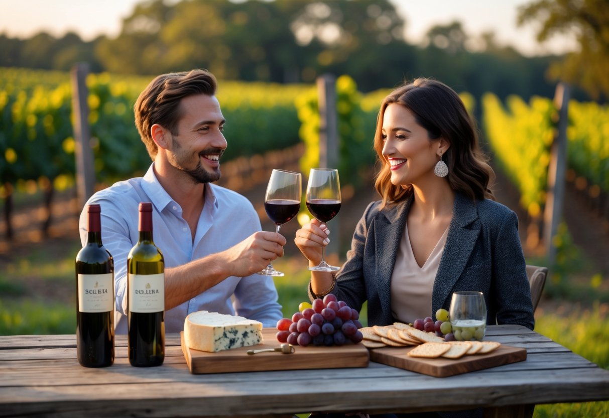 A couple enjoying wine tasting together outdoors at a winery with a wooden table, wine glasses, and cheese board.