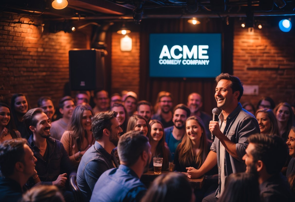A comedian performing on stage in a small comedy club with an audience laughing and enjoying the show.
