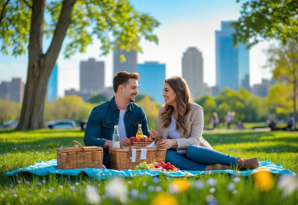 A young couple having a picnic on a blanket in a green park with city buildings in the background.