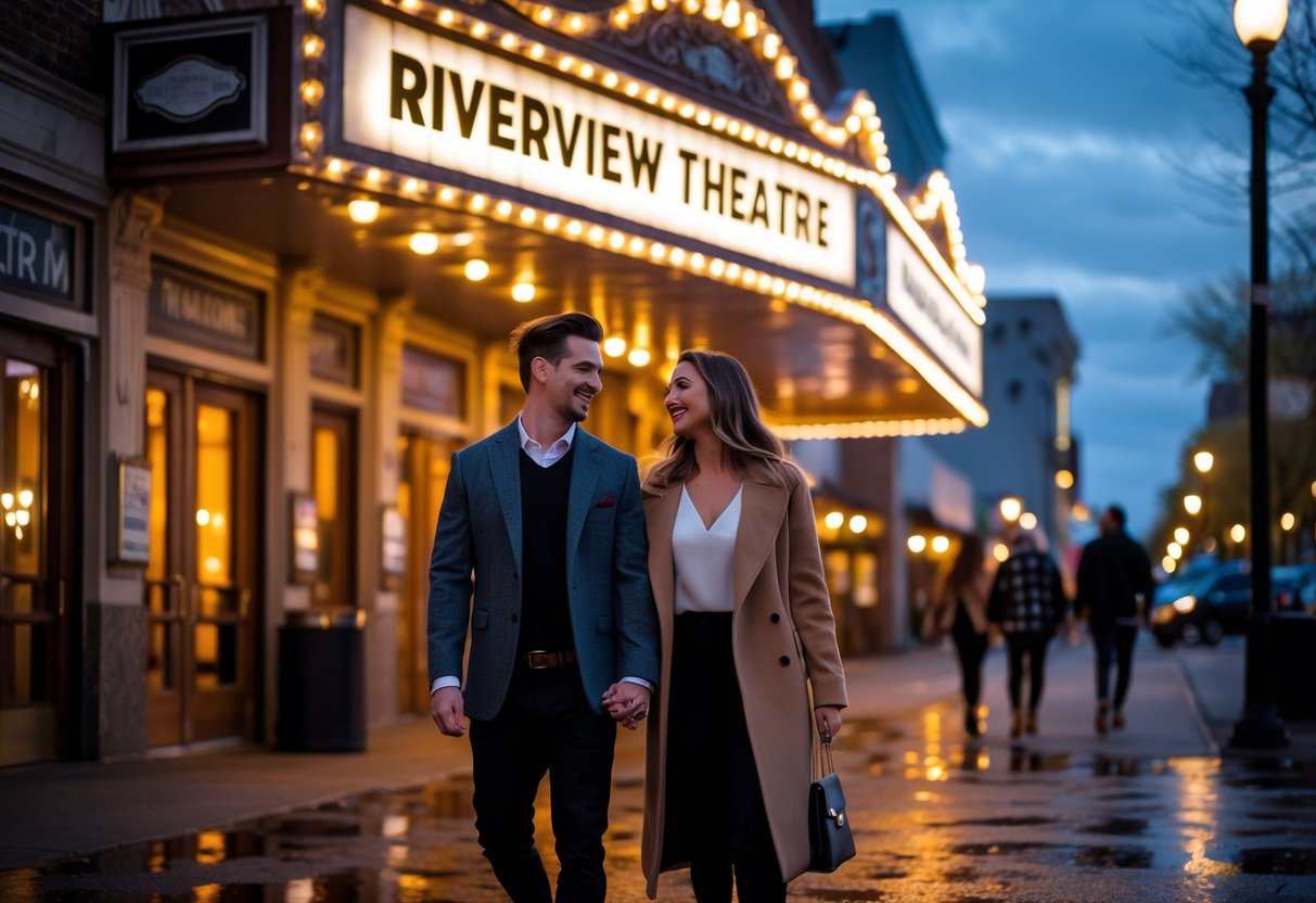 A young couple holding hands and walking toward the entrance of Riverview Theatre in Minneapolis at night.