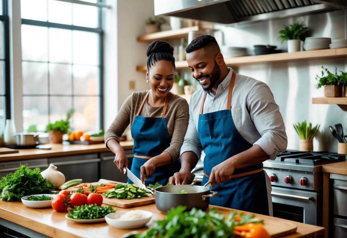A couple cooking together in a bright kitchen studio, preparing a meal with fresh ingredients.