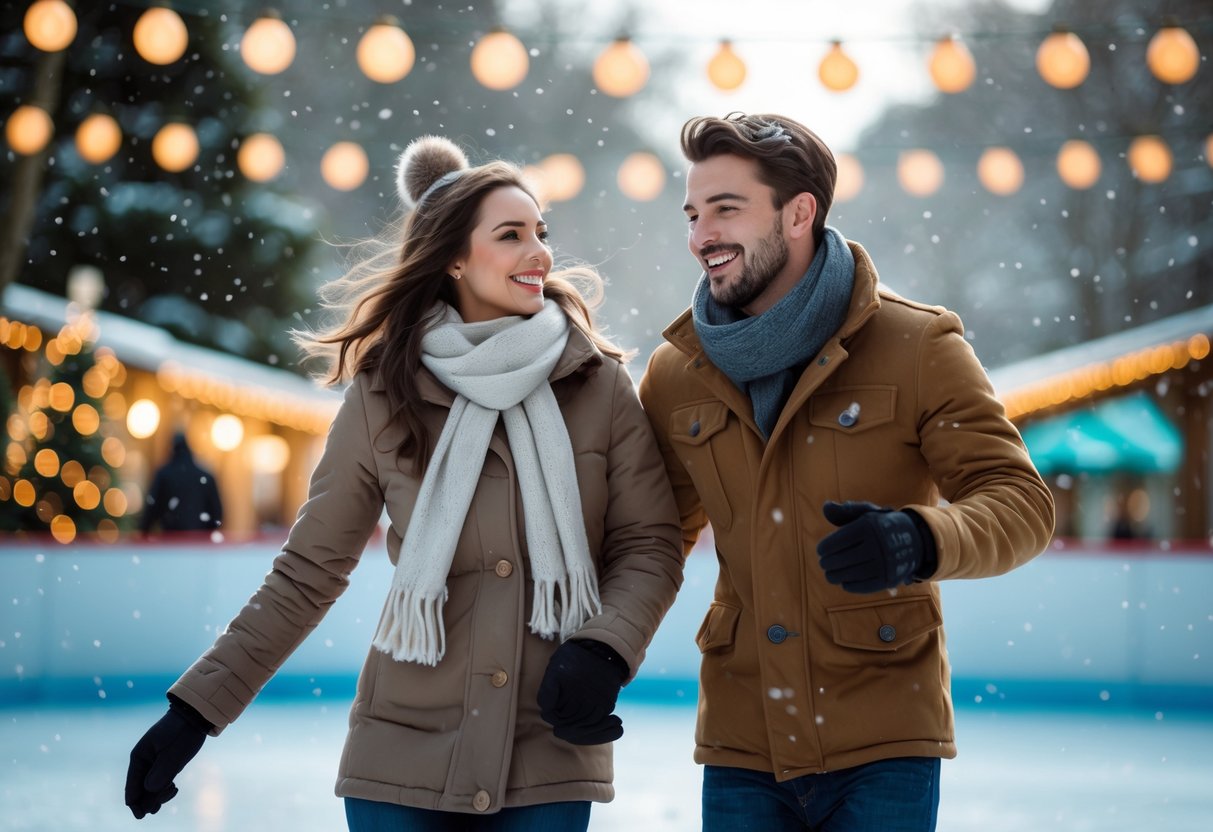 A young couple ice skating hand in hand outdoors on a winter day surrounded by snowy trees and festive lights.