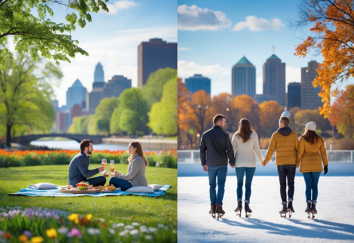 A couple enjoying various outdoor date activities in Minneapolis during spring, summer, autumn, and winter.