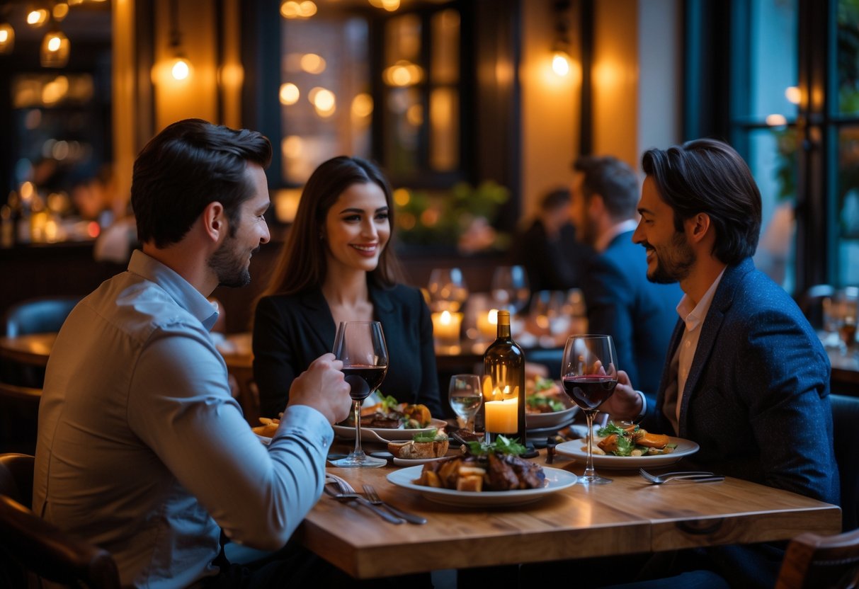 A couple enjoying a romantic dinner at a cozy restaurant with warm lighting and wooden decor.