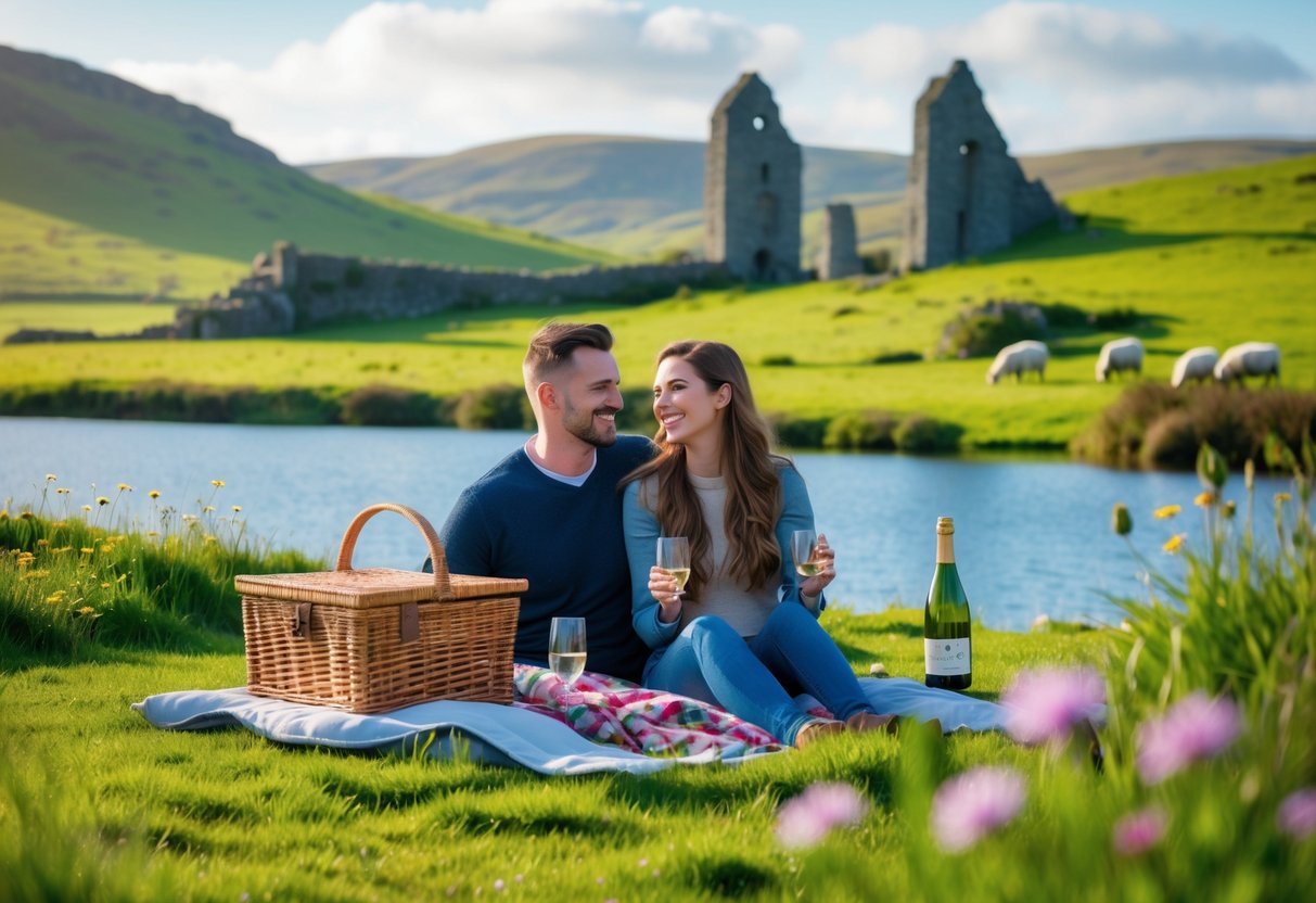 A couple having a picnic on green grass near a lake with hills and stone ruins in the background.