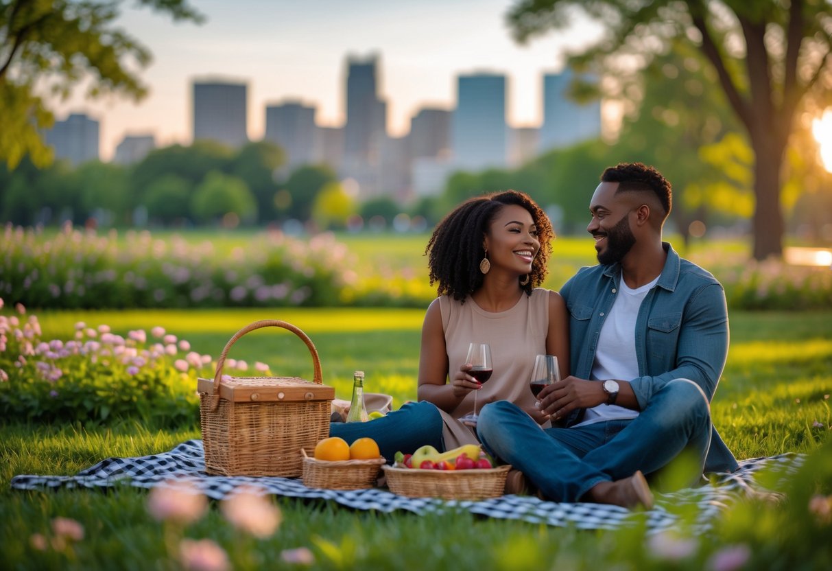 A couple enjoying a picnic together in a green park with the Minneapolis skyline in the background.