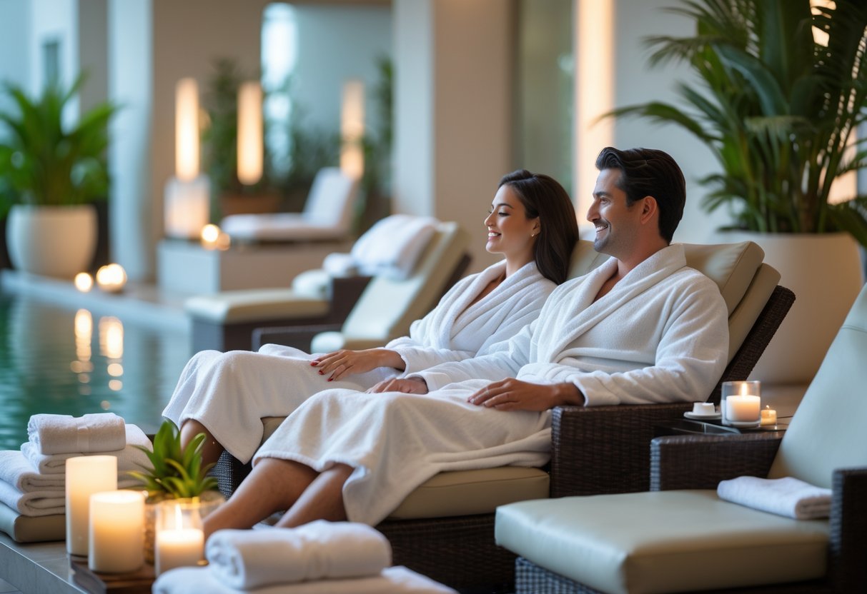 A couple in white robes relaxing together in a peaceful spa lounge with candles and plants.