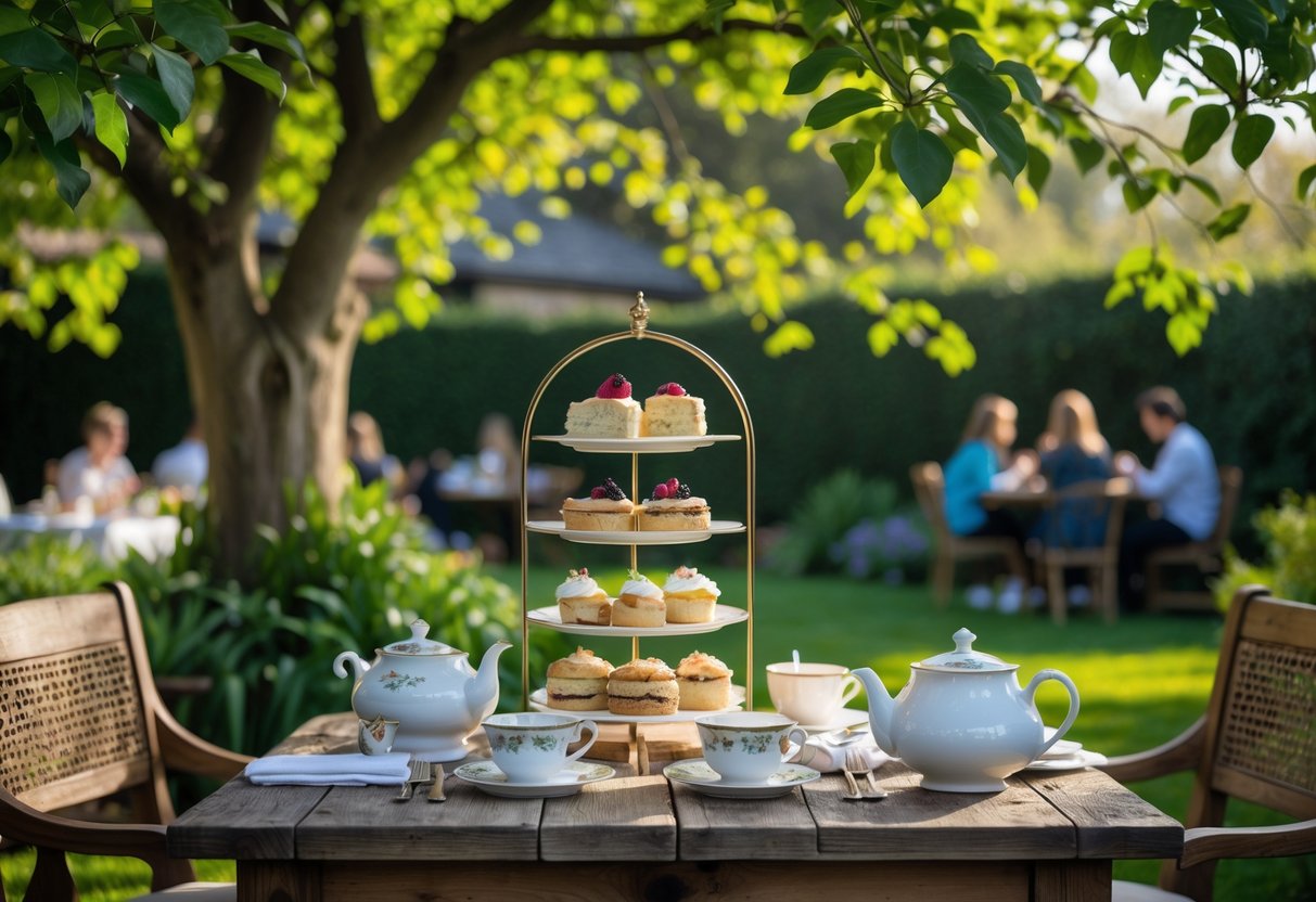 An outdoor garden table set for afternoon tea with teapot, cups, sandwiches, scones, and pastries surrounded by trees and greenery.