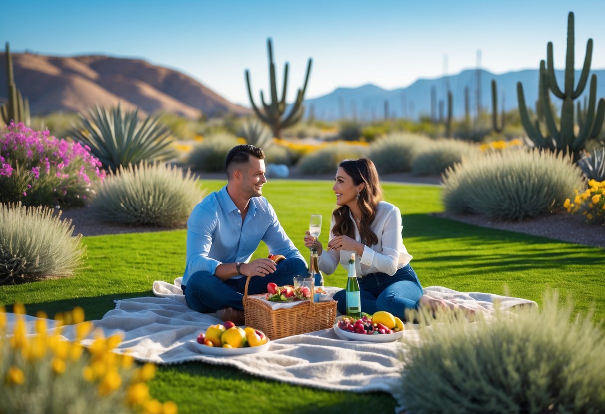 A couple enjoying a picnic on a blanket surrounded by desert plants and wildflowers at Springs Preserve in Las Vegas.