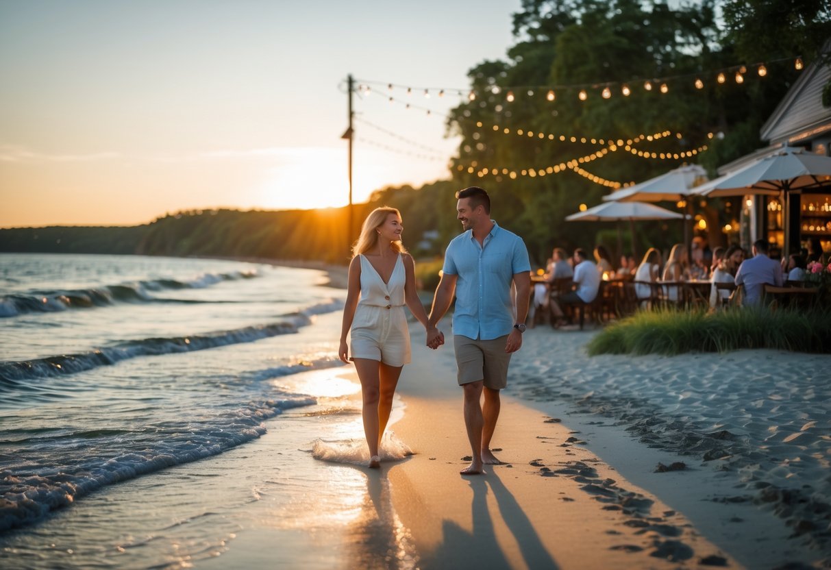 A couple walking hand-in-hand on a Long Island beach at sunset with a nearby outdoor café and vineyard in the background.