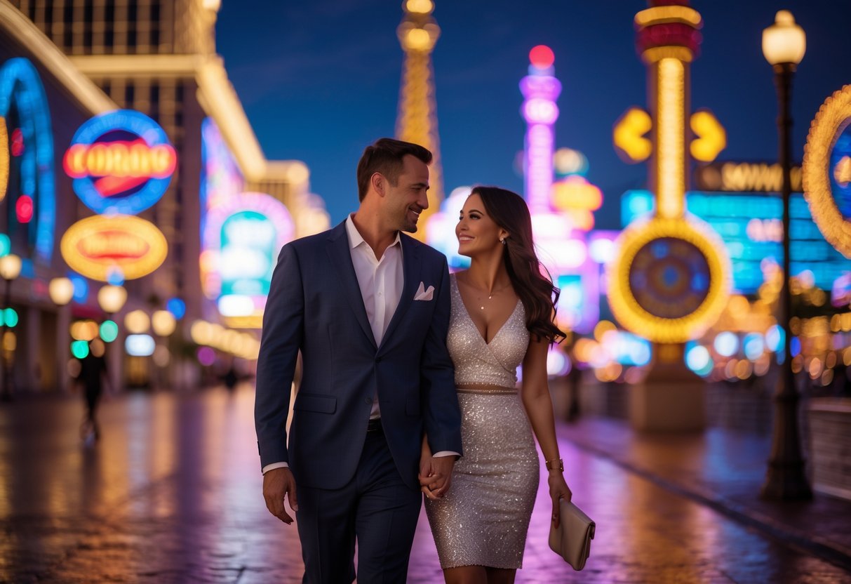 A couple holding hands and walking along the brightly lit Las Vegas Strip at night.