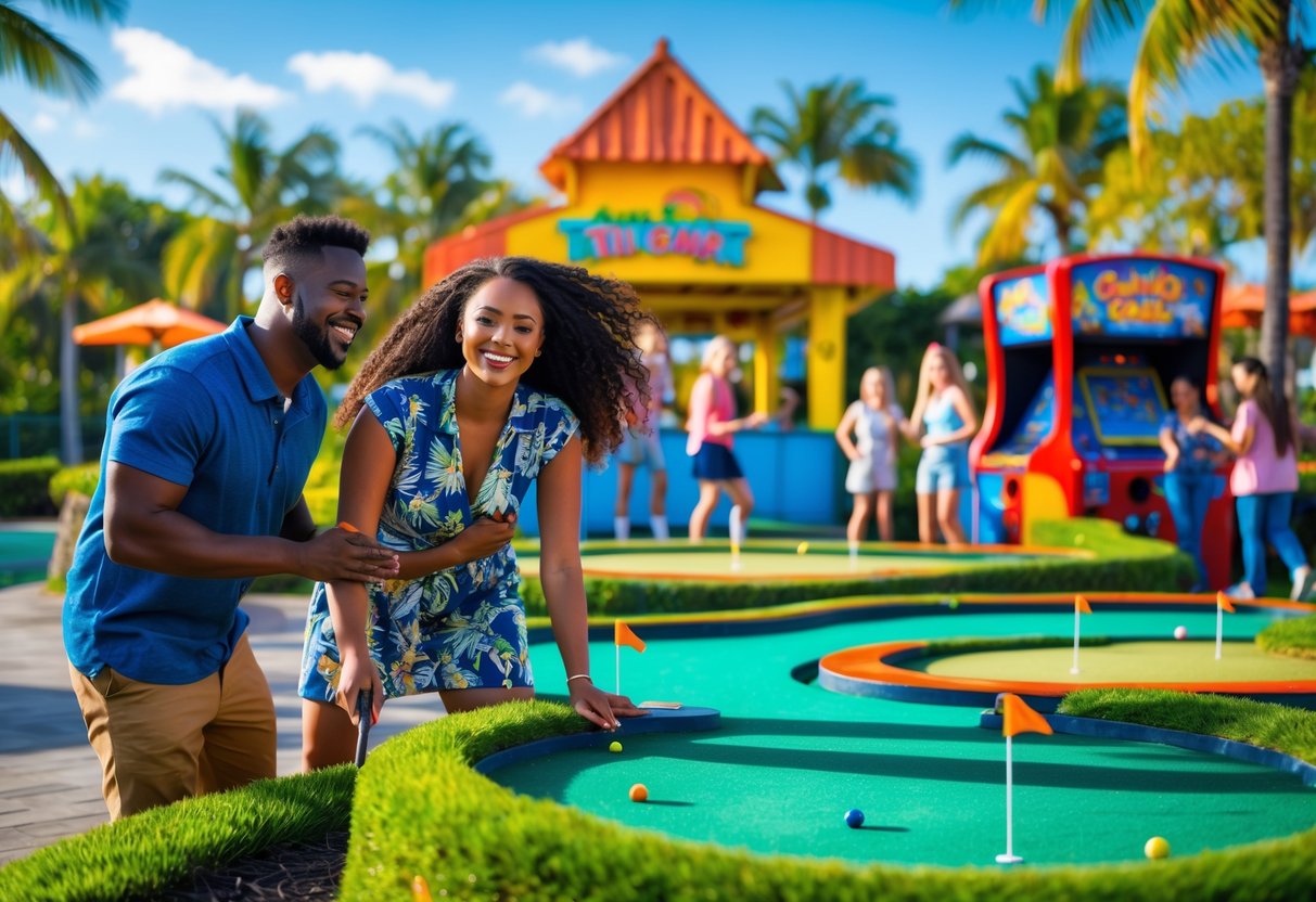 A young couple playing mini golf and people enjoying arcade games at a tropical-themed park.