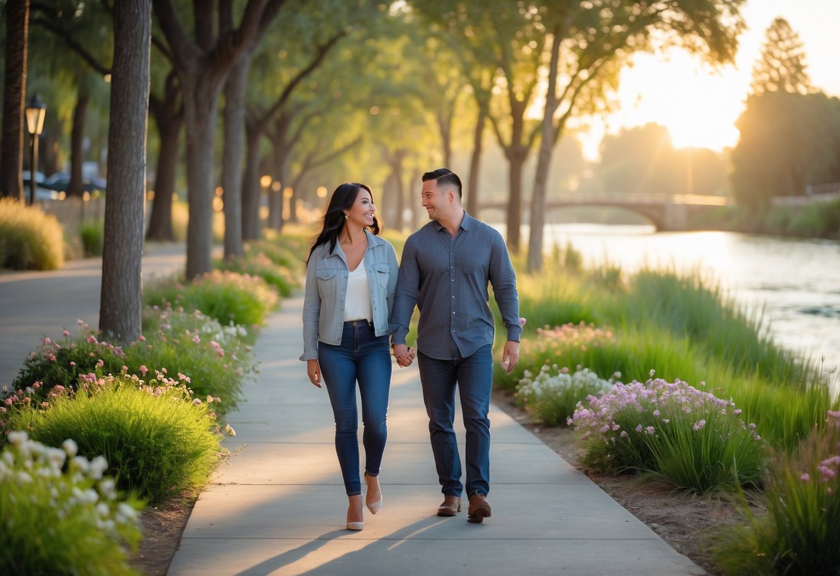 A couple walking hand-in-hand along a riverside path surrounded by trees and flowers.