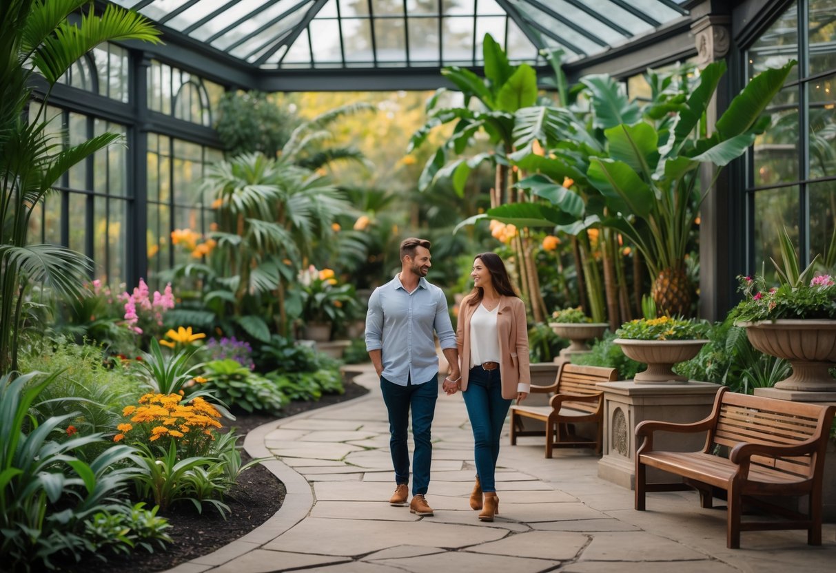 A couple walking hand-in-hand along a stone path surrounded by lush plants inside a glass conservatory.