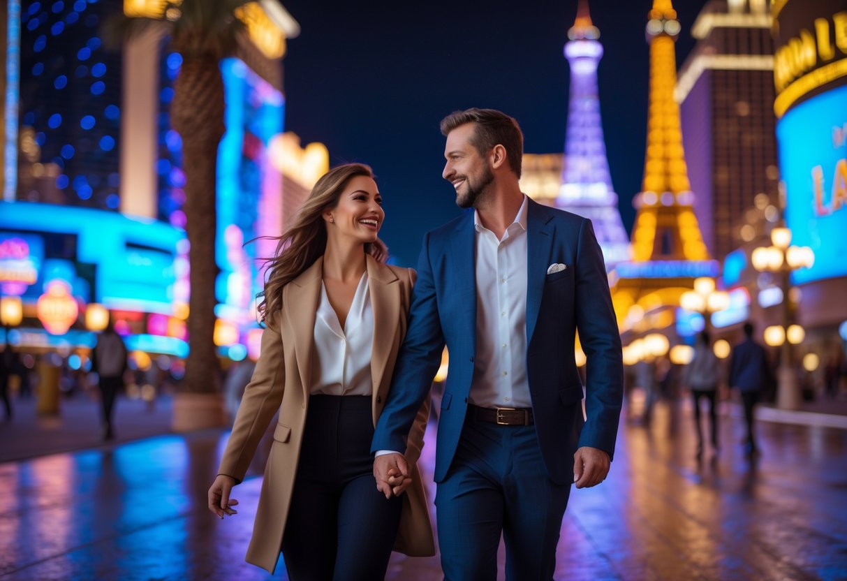 A couple walking hand in hand along the Las Vegas Strip at night with bright lights and casinos in the background.
