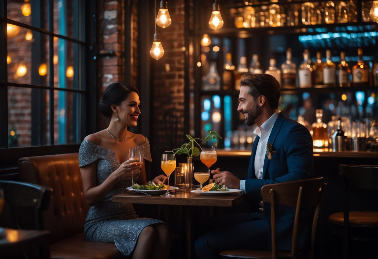 A couple enjoying a cozy dinner together at a dimly lit speakeasy restaurant.