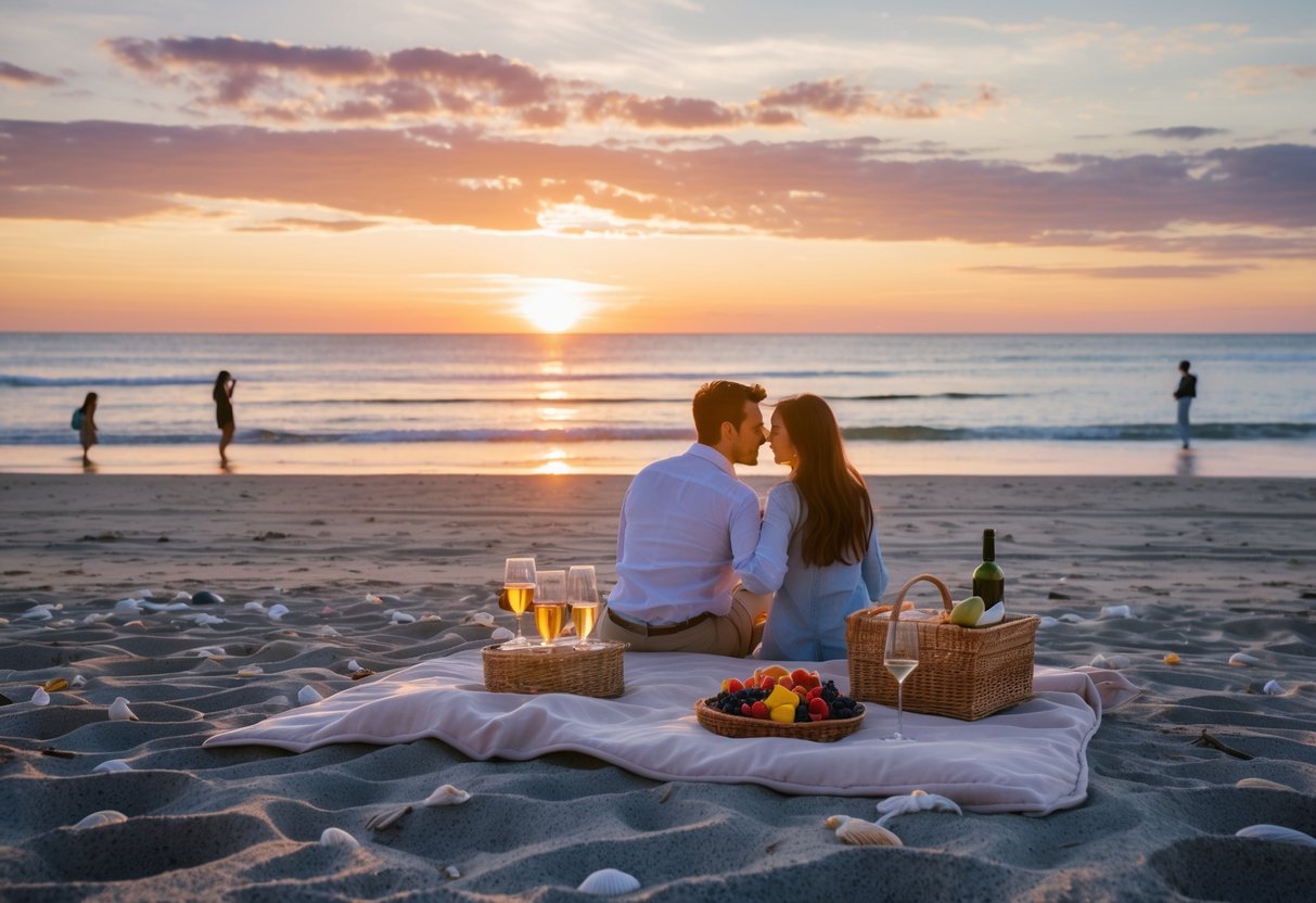 A couple having a picnic on the sandy beach at sunset with the ocean and colorful sky in the background.