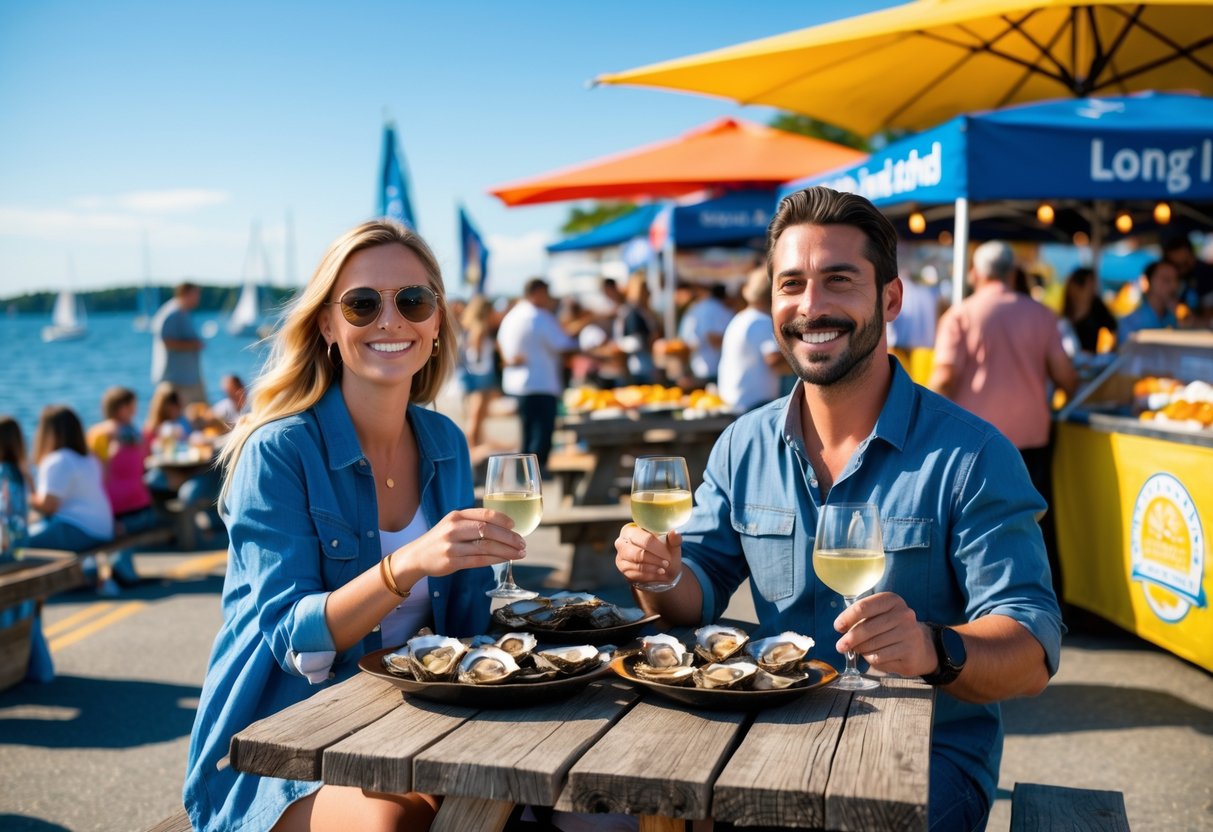 A couple enjoying fresh oysters and wine at an outdoor seafood festival by the water with tents and people in the background.