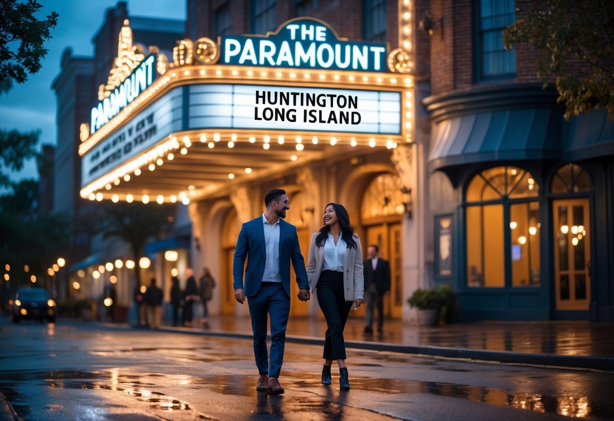 A couple walking hand-in-hand toward the illuminated entrance of The Paramount theater in Huntington during the evening.