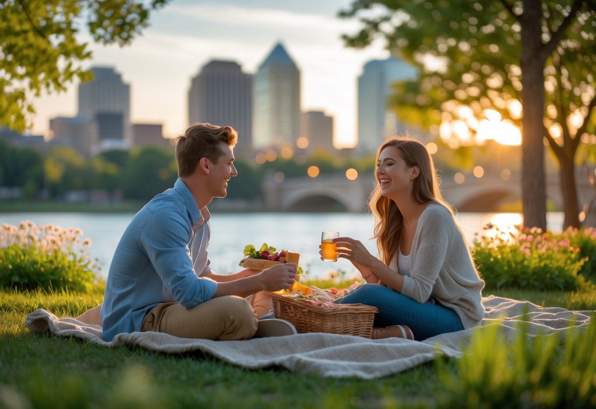 A young couple having a picnic together at a park near a river with a city skyline in the background during sunset.
