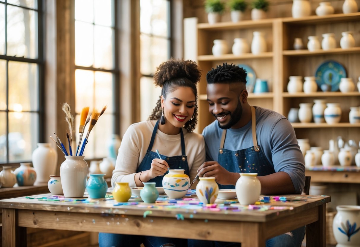 A couple painting pottery together at a wooden table in a bright, cozy pottery studio.