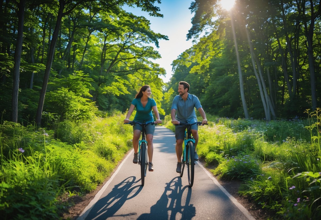 A couple riding bicycles together on a shaded forest trail surrounded by green trees and plants.