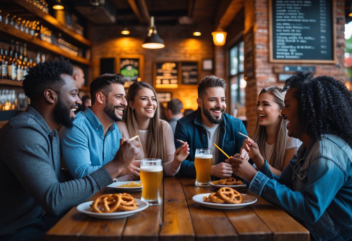 Couples enjoying a trivia night together at a local pub, sitting at tables with drinks and snacks.